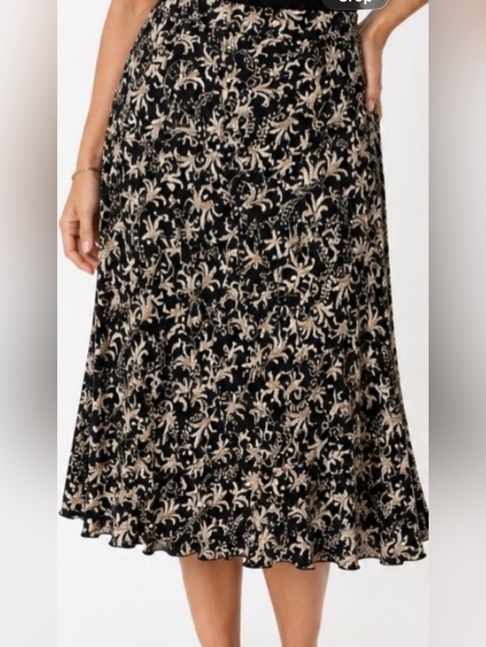 SJS XL Black Tan Scroll Print Midi Skirt Elastic Waist Flowy Workwear